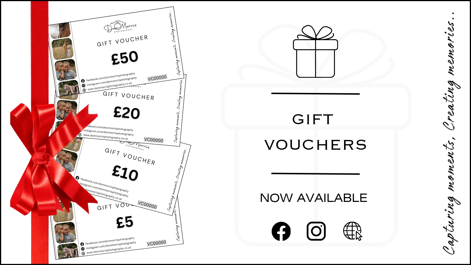 Dom Morris Photography gift vouchers available in £5, £10, £20 and £50